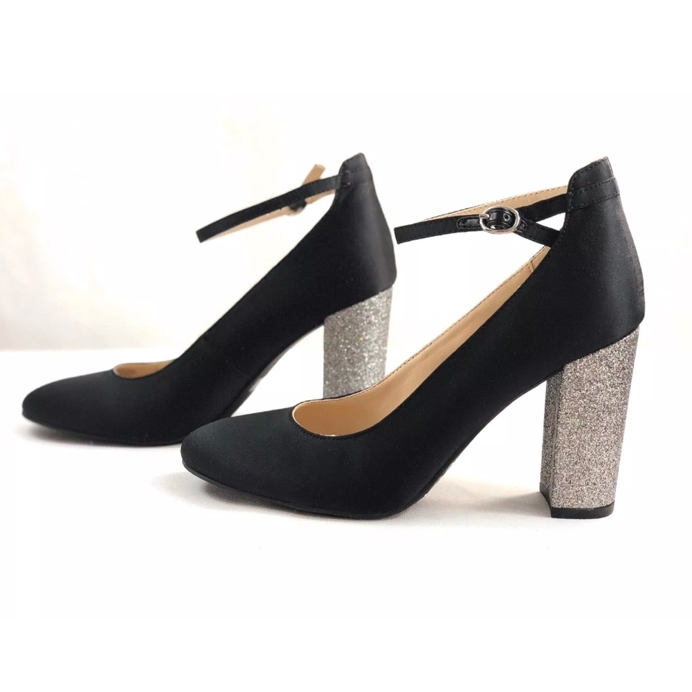 Marc Fisher Ankle Strap Satin Heels Sliver Glitter